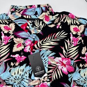 Molokai Surf Co Button Up Tropical Hibiscus Floral Hawaiian Shirt Mens L Blk NWT